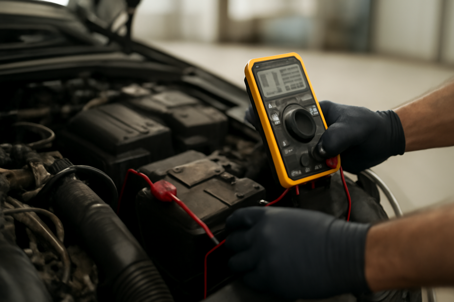 Pemeriksaan aki mobil menggunakan multimeter digital di ruang mesin
