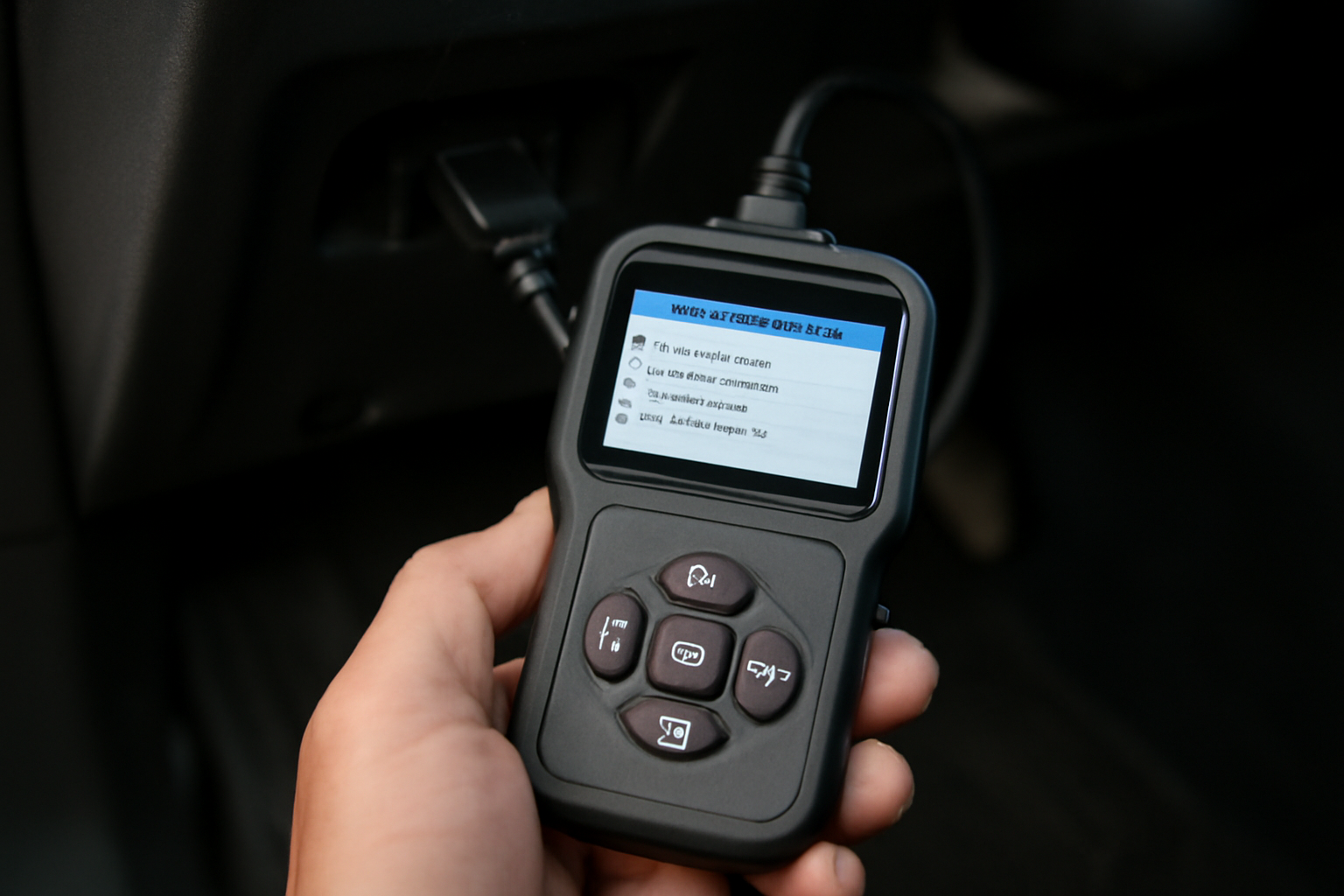 Scanner OBD2 terhubung ke port diagnostik mobil di bawah dashboard