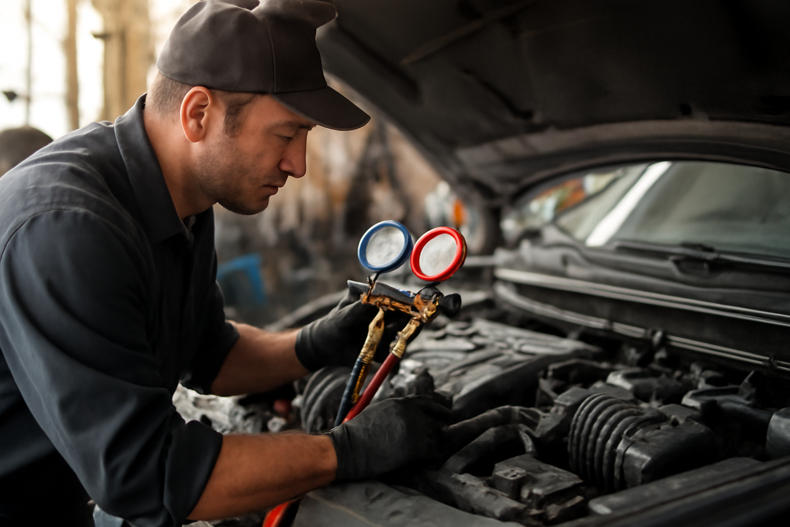 Teknisi memeriksa tekanan freon AC mobil dengan manifold gauge di bengkel