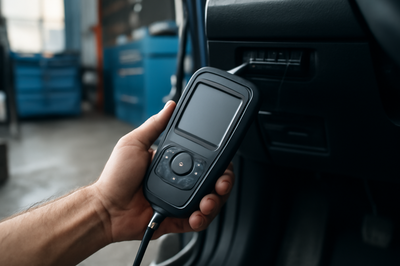 Tangan teknisi mencolokkan scanner OBD2 ke port diagnostik di bawah dashboard mobil